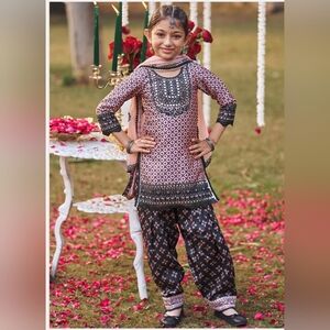 Lashkaraa Girls Pink and Black Patiala Suit With Embelishdled Dupatta